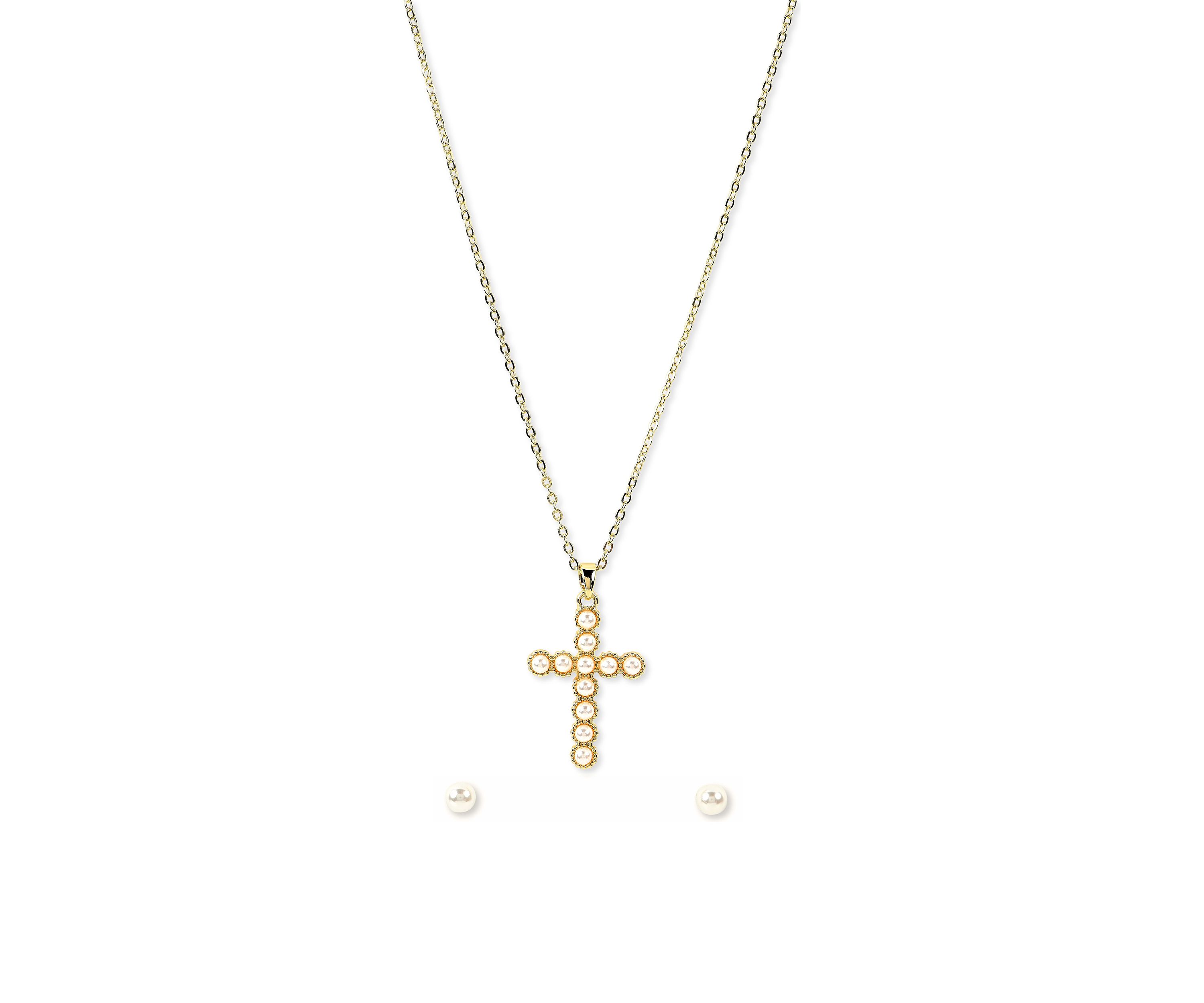 Lab Grown Gold Plated Gold Pearl Cross Necklace and Earrings Set