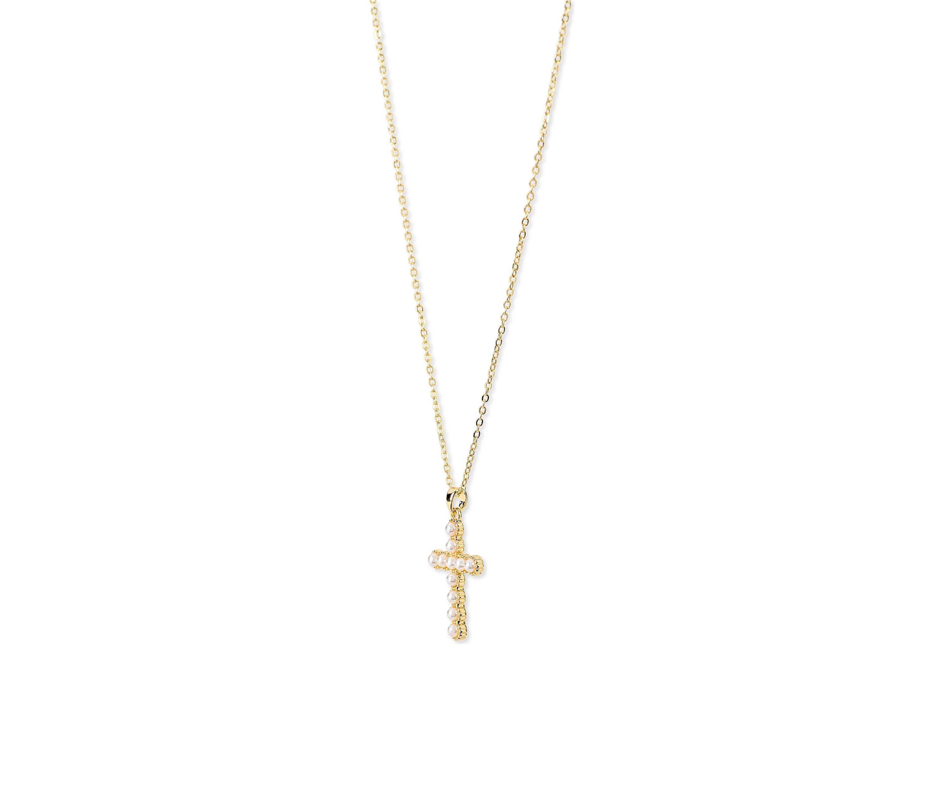 Lab Grown Gold Plated Gold Pearl Cross Necklace and Earrings Set