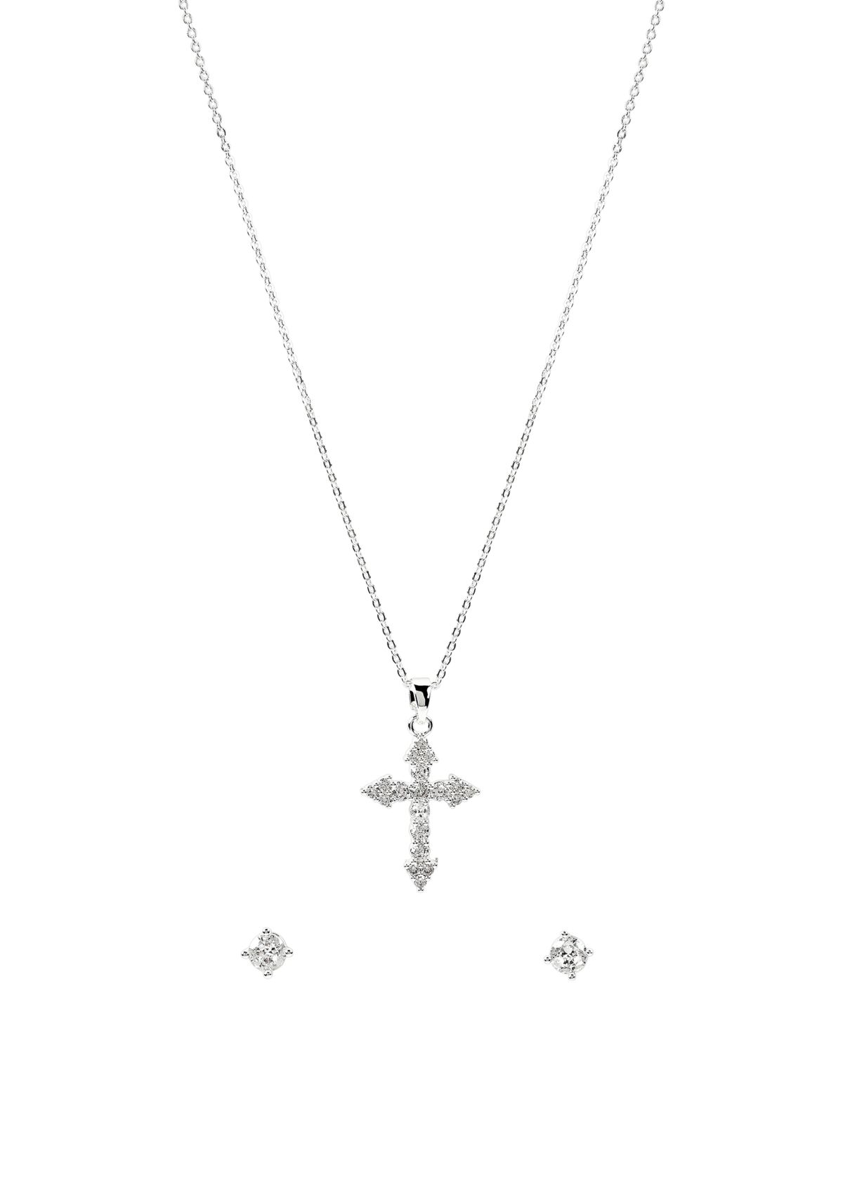 Lab Grown Silver Plated Cubic Zirconia Cross Necklace and Stud Earrings Set