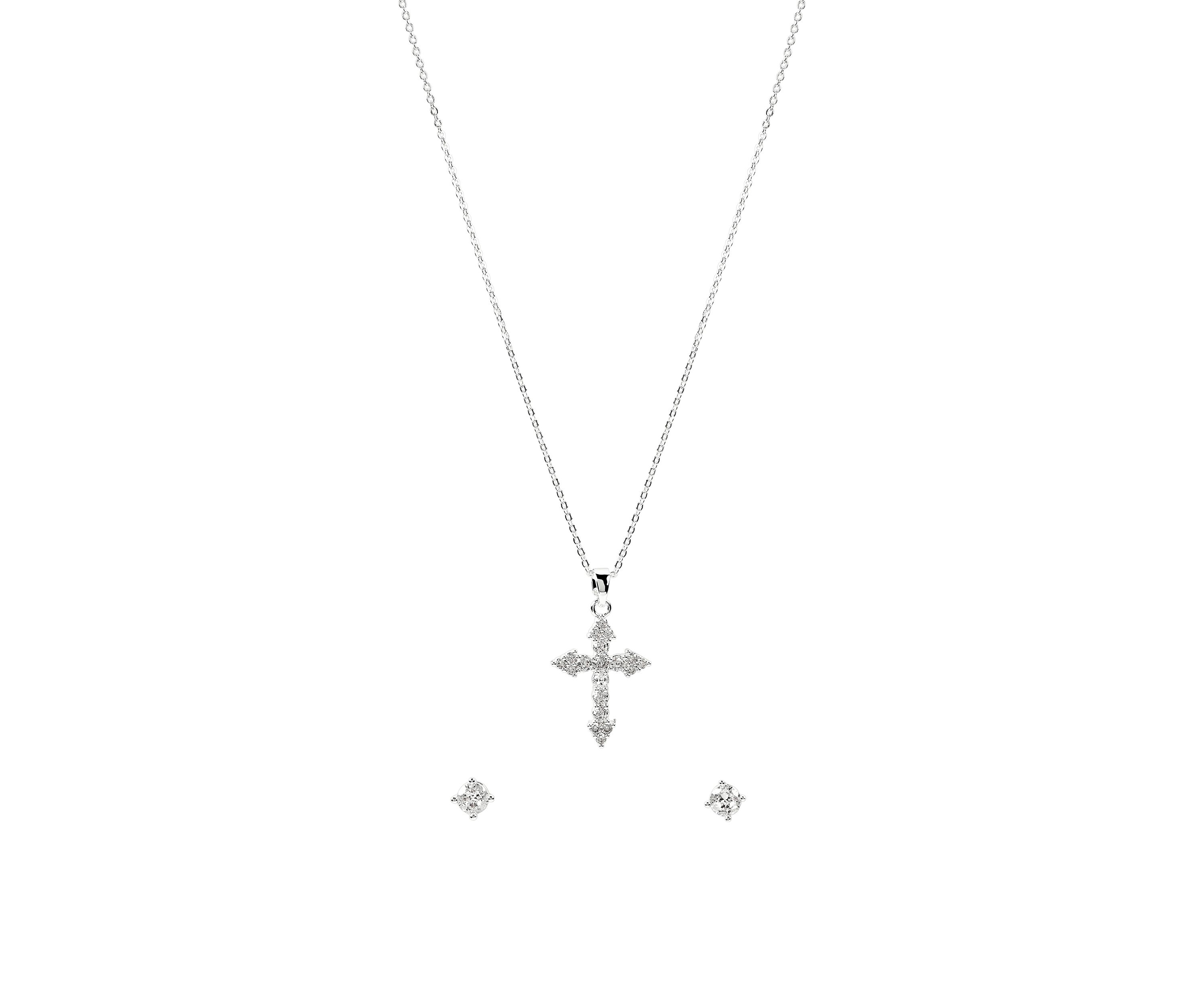 Lab Grown Silver Plated Cubic Zirconia Cross Necklace and Stud Earrings Set