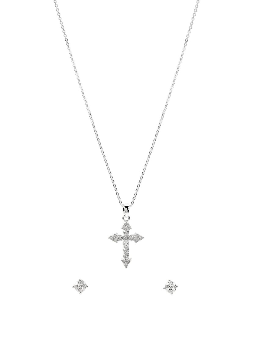 Lab Grown Silver Plated Cubic Zirconia Cross Necklace and Stud Earrings Set