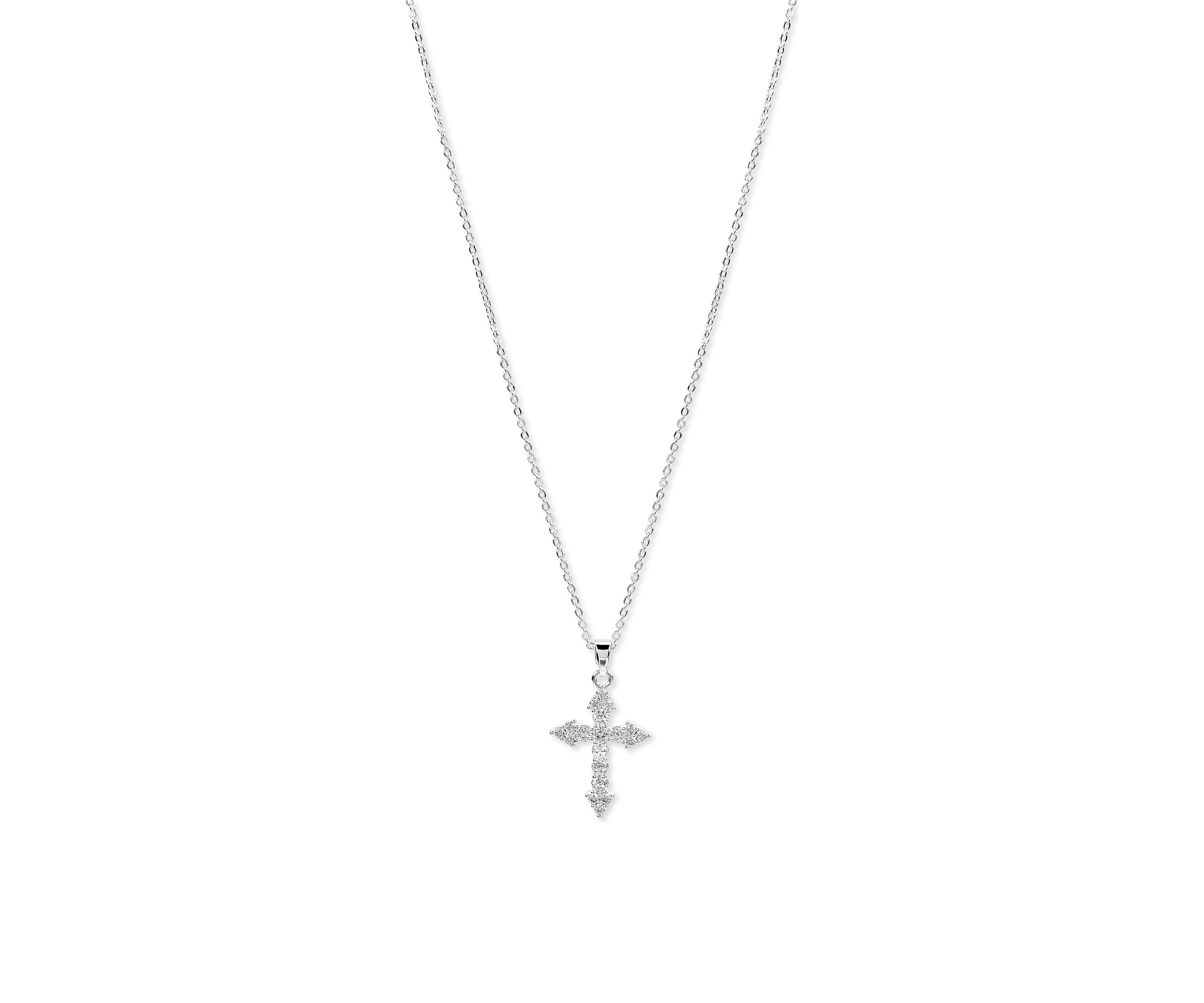 Lab Grown Silver Plated Cubic Zirconia Cross Necklace and Stud Earrings Set