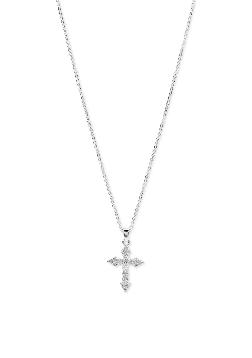 Lab Grown Silver Plated Cubic Zirconia Cross Necklace and Stud Earrings Set