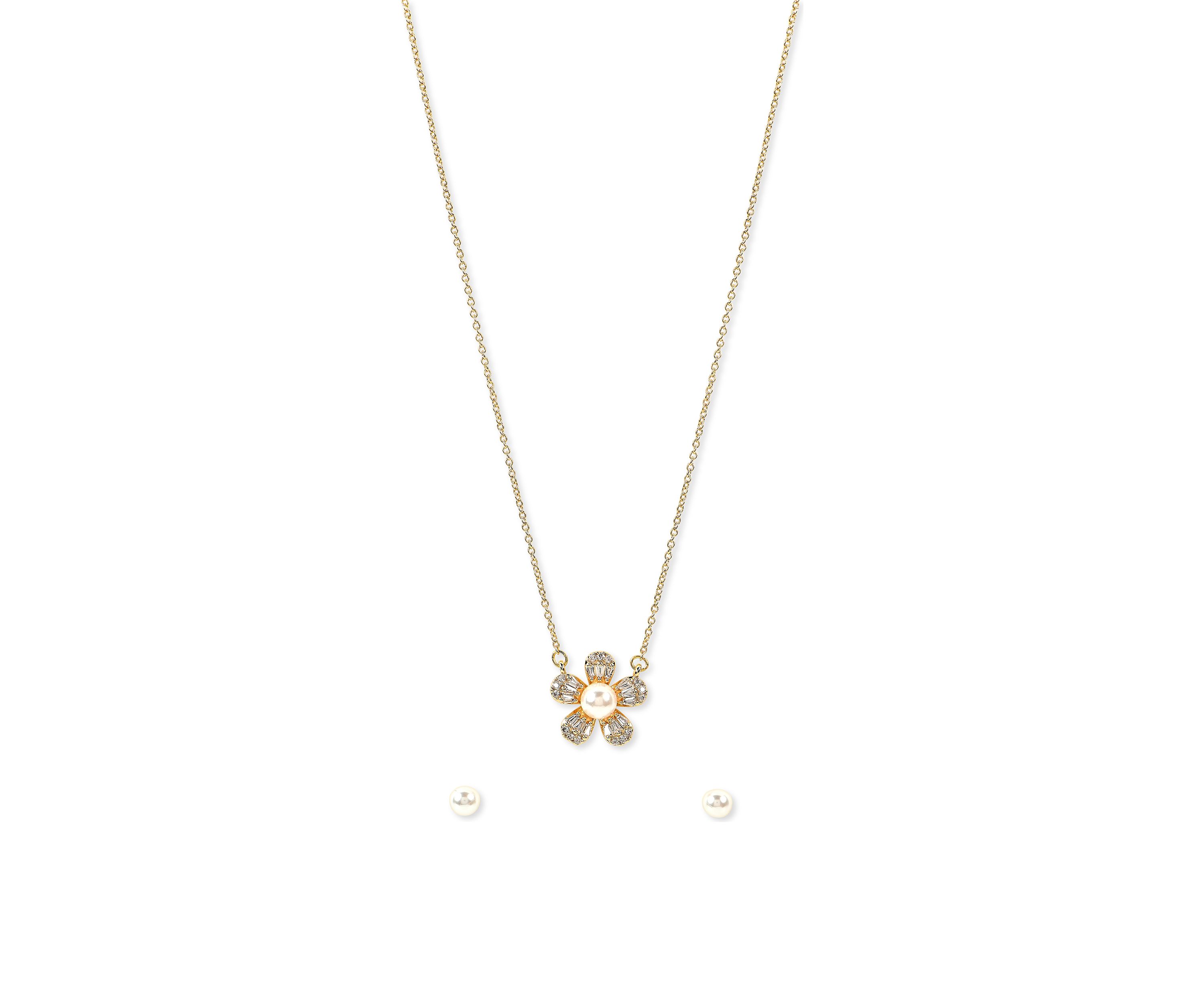 Lab Grown Gold Plated Pearl Flower Necklace and Earring Set