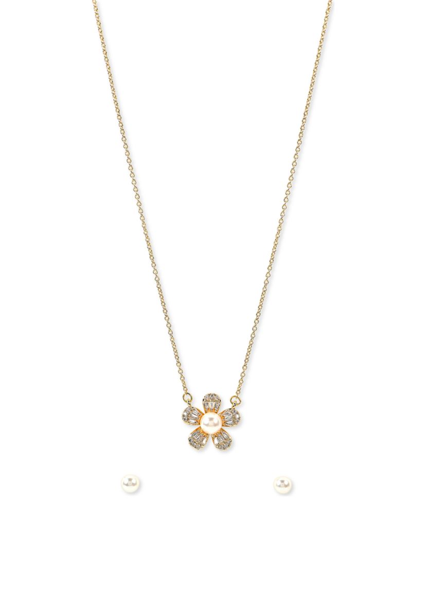 Lab Grown Gold Plated Pearl Flower Necklace and Earring Set