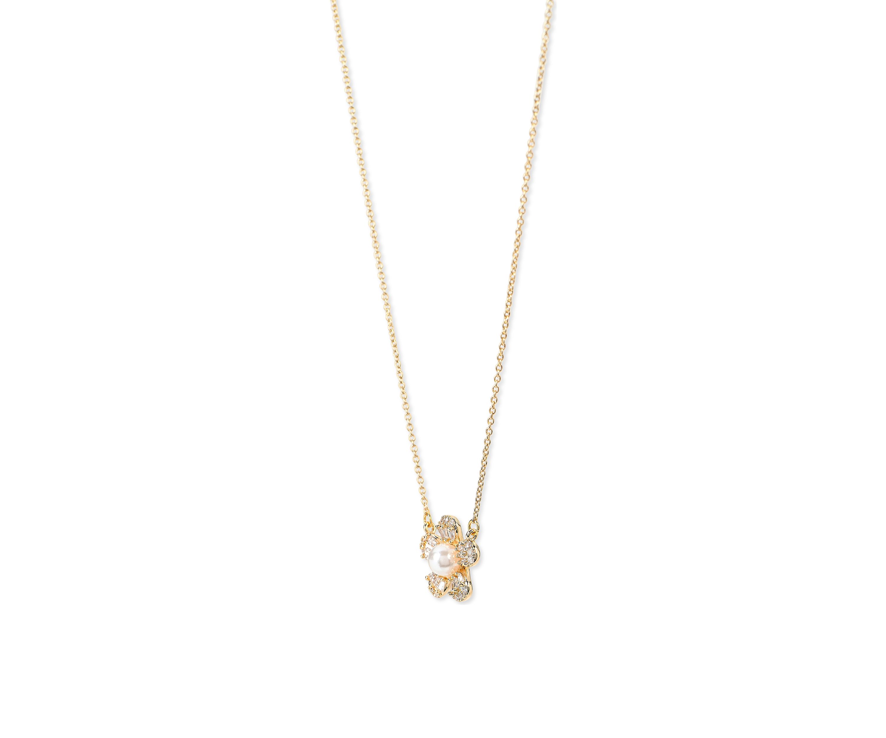 Lab Grown Gold Plated Pearl Flower Necklace and Earring Set
