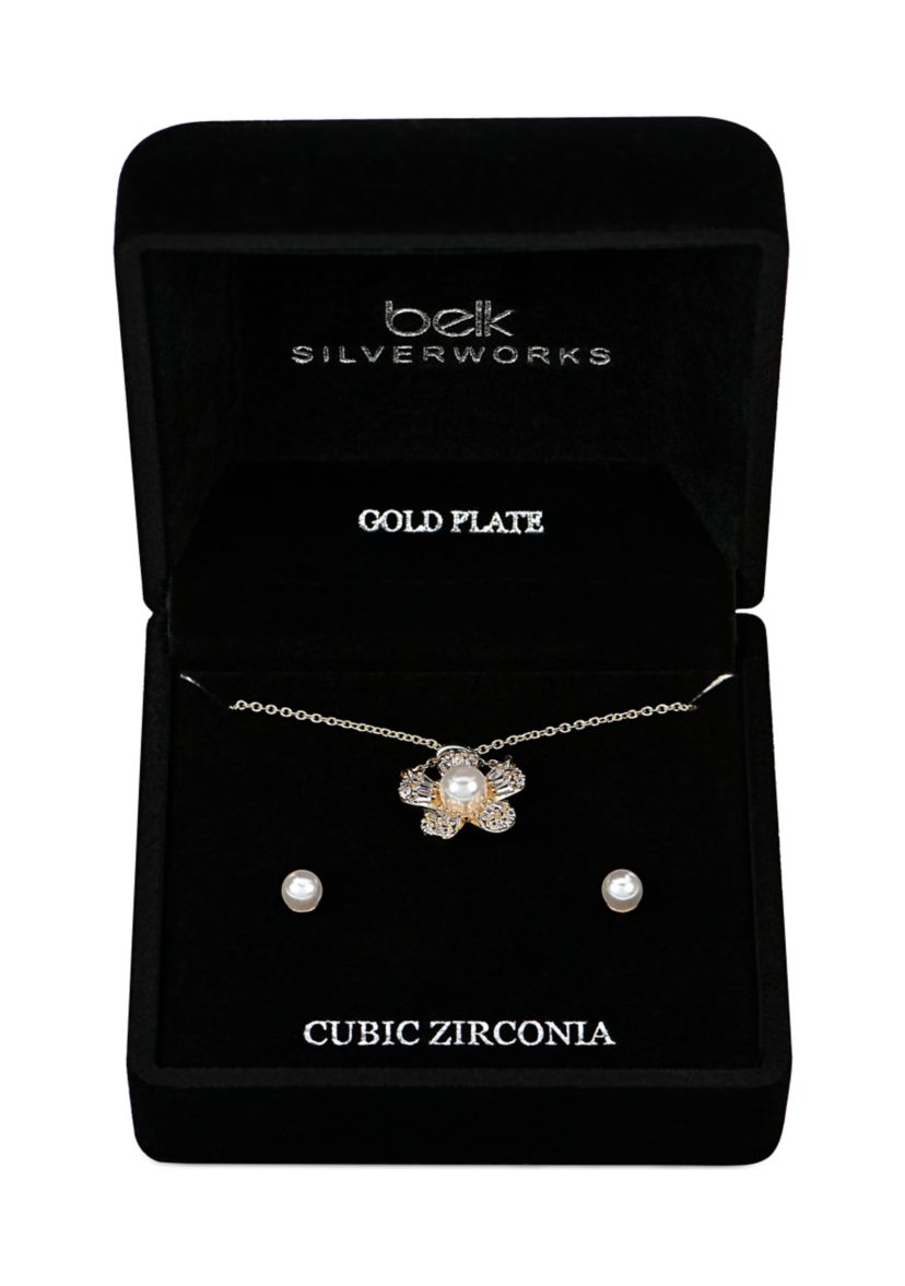 Lab Grown Gold Plated Pearl Flower Necklace and Earring Set
