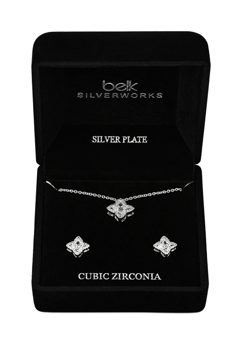 Lab Grown Silver Cubic Zirconia Necklace and Stud Earrings Set