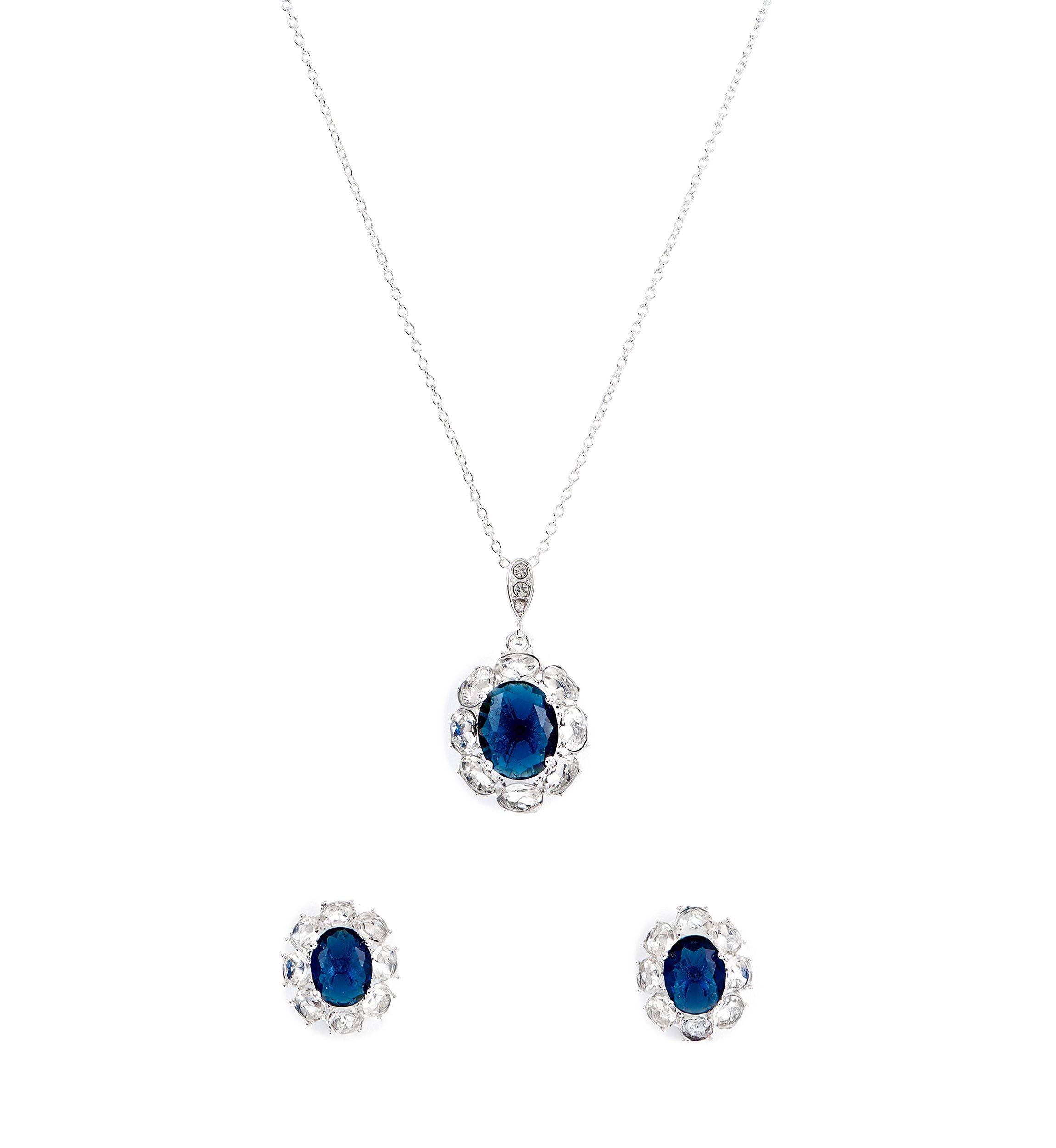 Lab Grown Silver Plated Large Round Blue and Clear Cubic Zirconia Earring and Pendant Necklace Set