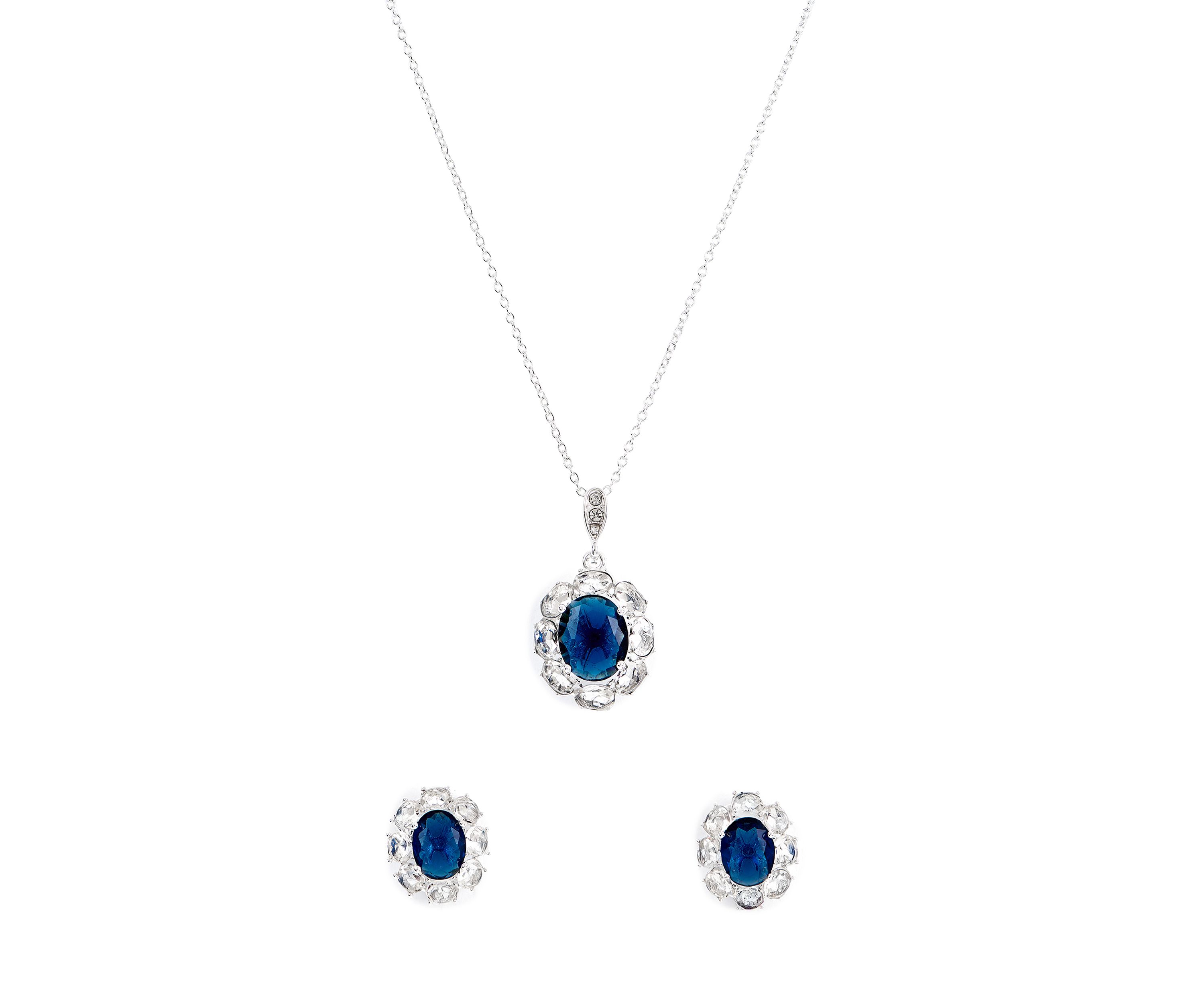 Lab Grown Silver Plated Large Round Blue and Clear Cubic Zirconia Earring and Pendant Necklace Set