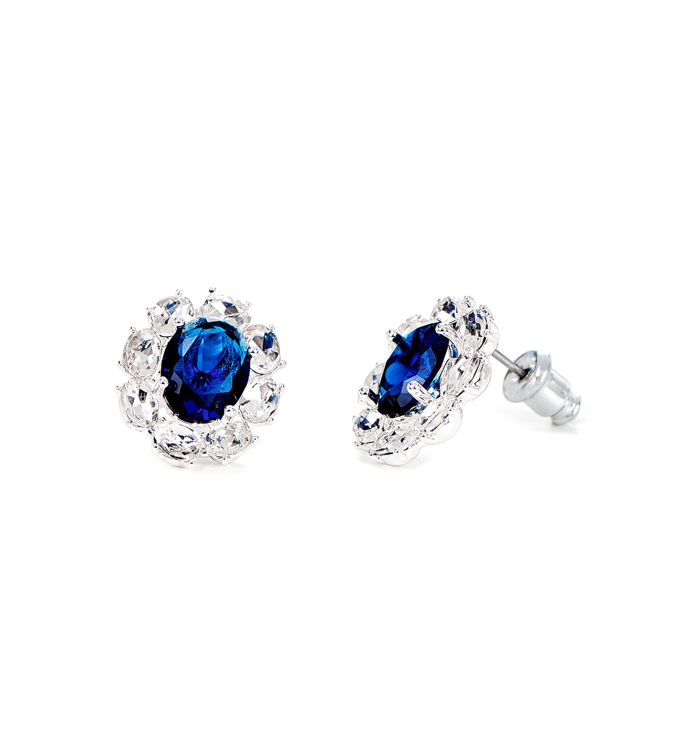 Lab Grown Silver Plated Large Round Blue and Clear Cubic Zirconia Earring and Pendant Necklace Set