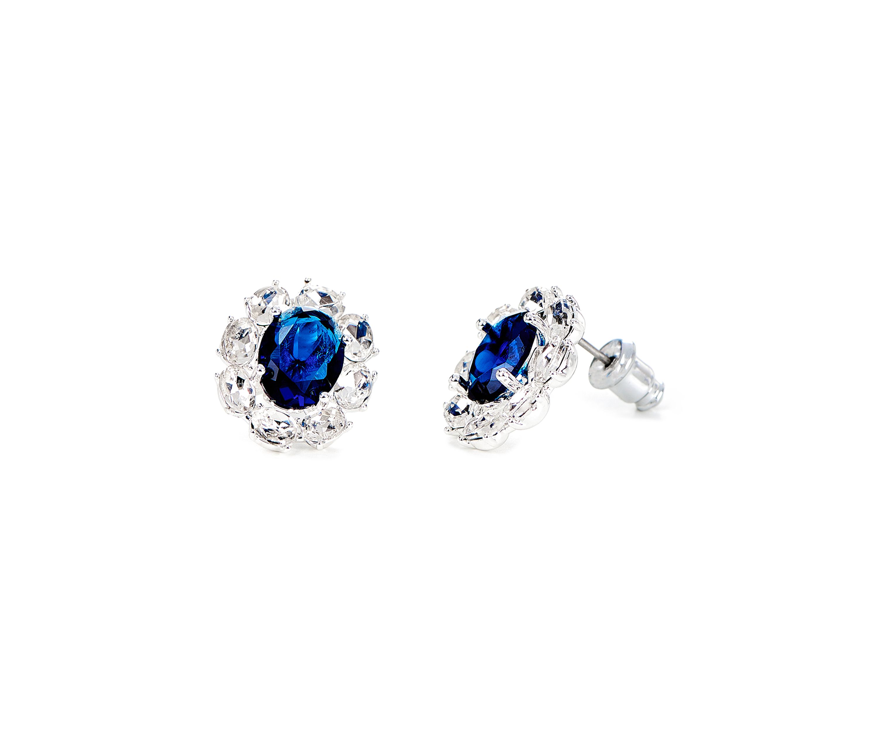 Lab Grown Silver Plated Large Round Blue and Clear Cubic Zirconia Earring and Pendant Necklace Set
