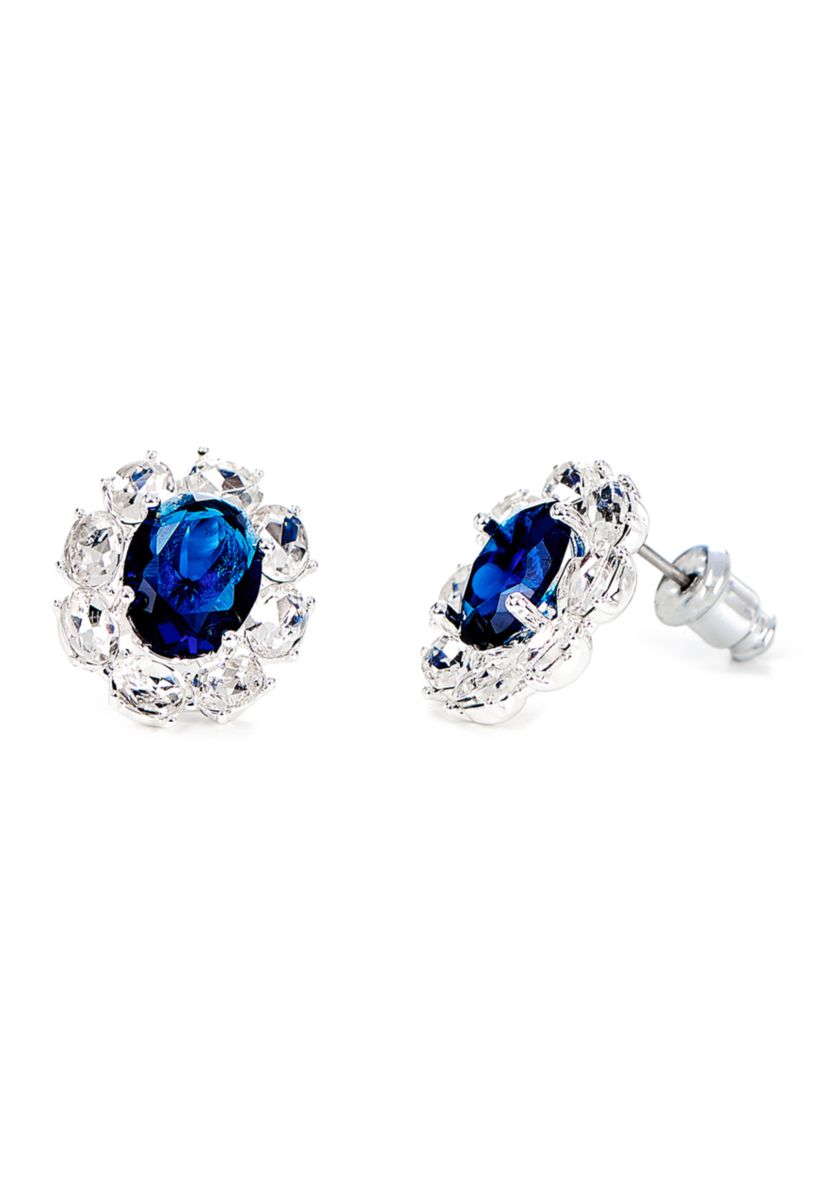 Lab Grown Silver Plated Large Round Blue and Clear Cubic Zirconia Earring and Pendant Necklace Set