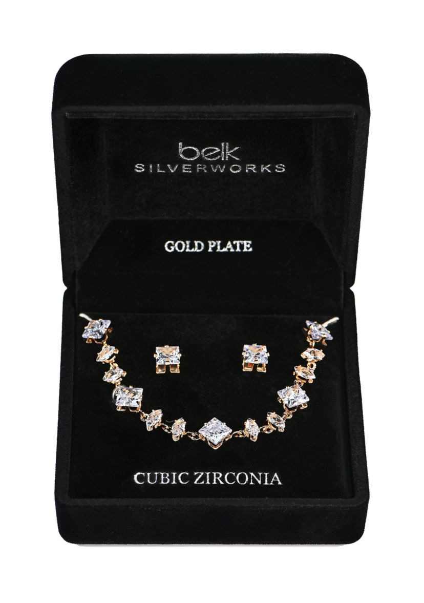 Lab Grown Gold PLated Multi Shape Oval and Square Clear CZ Necklae and Earrings Set 