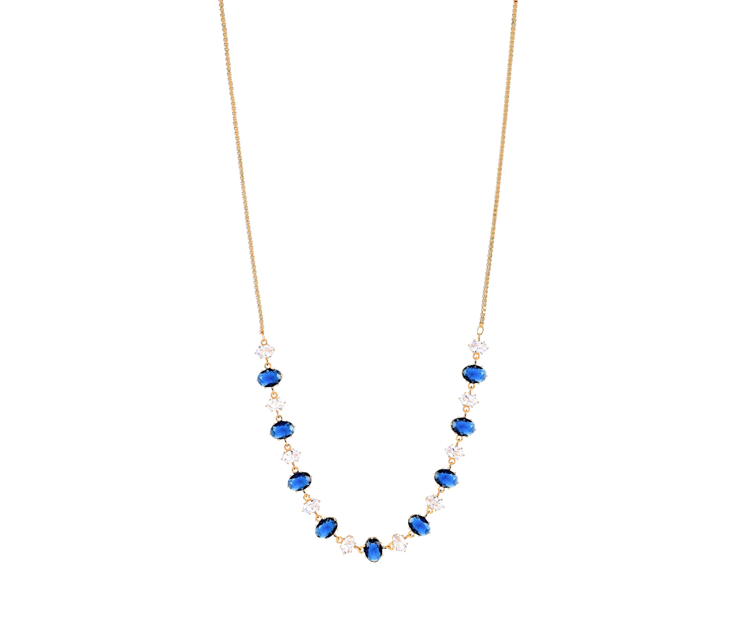 Lab Grown Gold Plated Oval Clear and Blue Cubic Zirconia Necklace and Earring Set 
