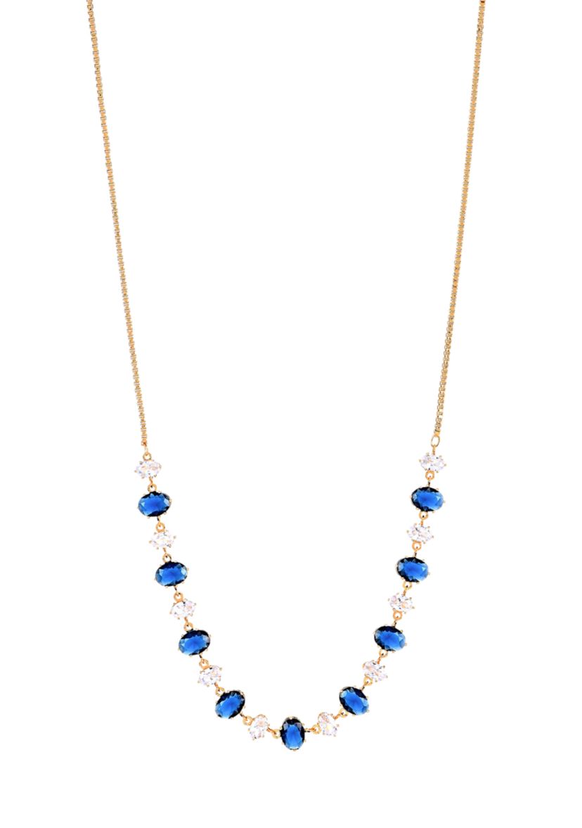 Lab Grown Gold Plated Oval Clear and Blue Cubic Zirconia Necklace and Earring Set 