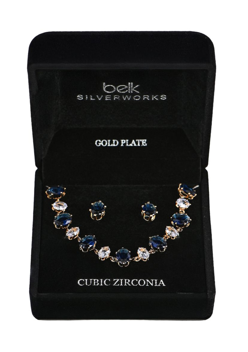 Lab Grown Gold Plated Oval Clear and Blue Cubic Zirconia Necklace and Earring Set 