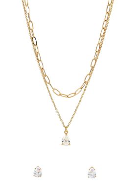 Belk Silverworks Lab Grown Double Row Gold Plated Necklace with Pear-Shape CZ Studs Set, 16 in