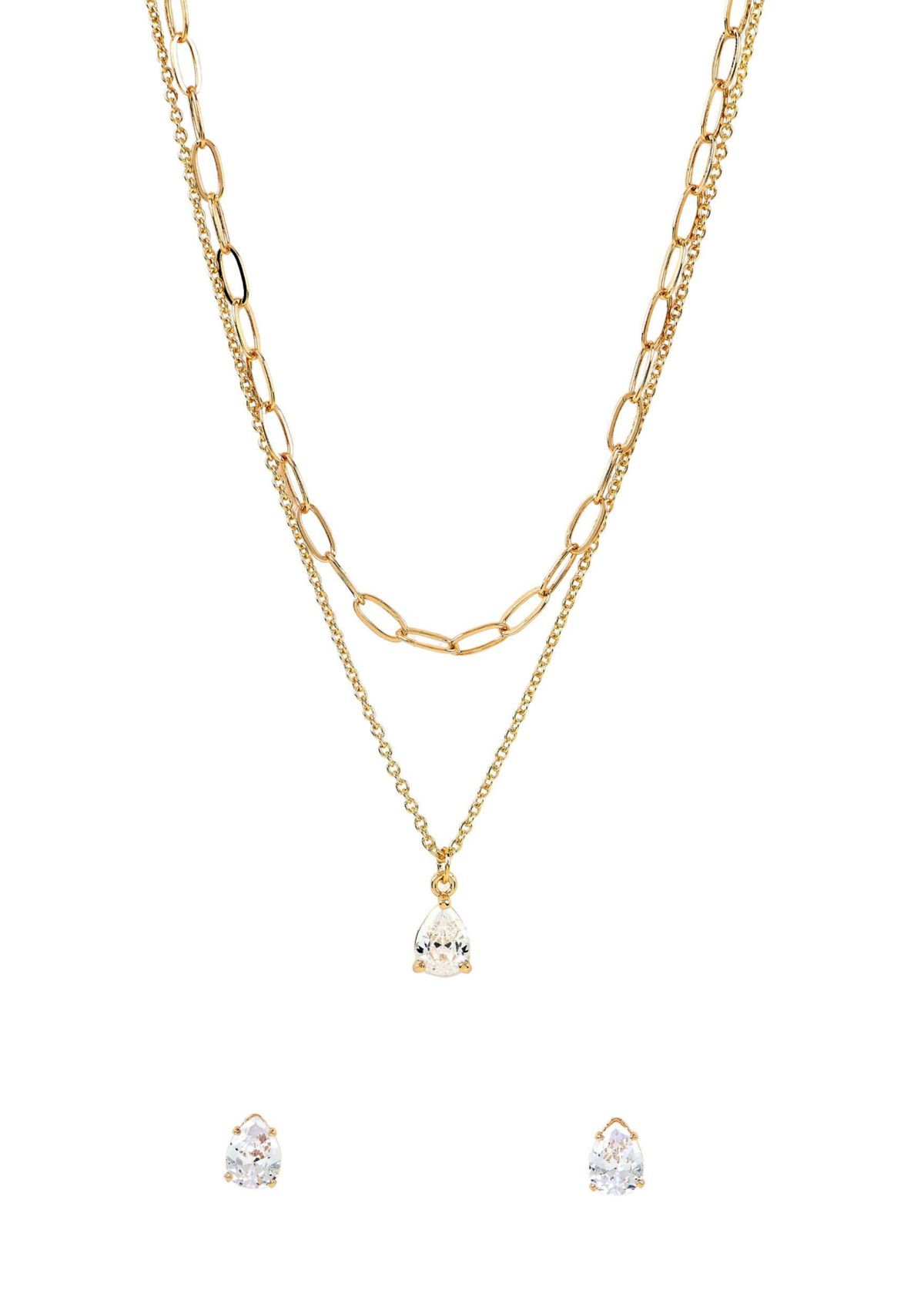 Lab Grown Double Row Gold Plated Necklace with Pear-Shape CZ Studs Set 