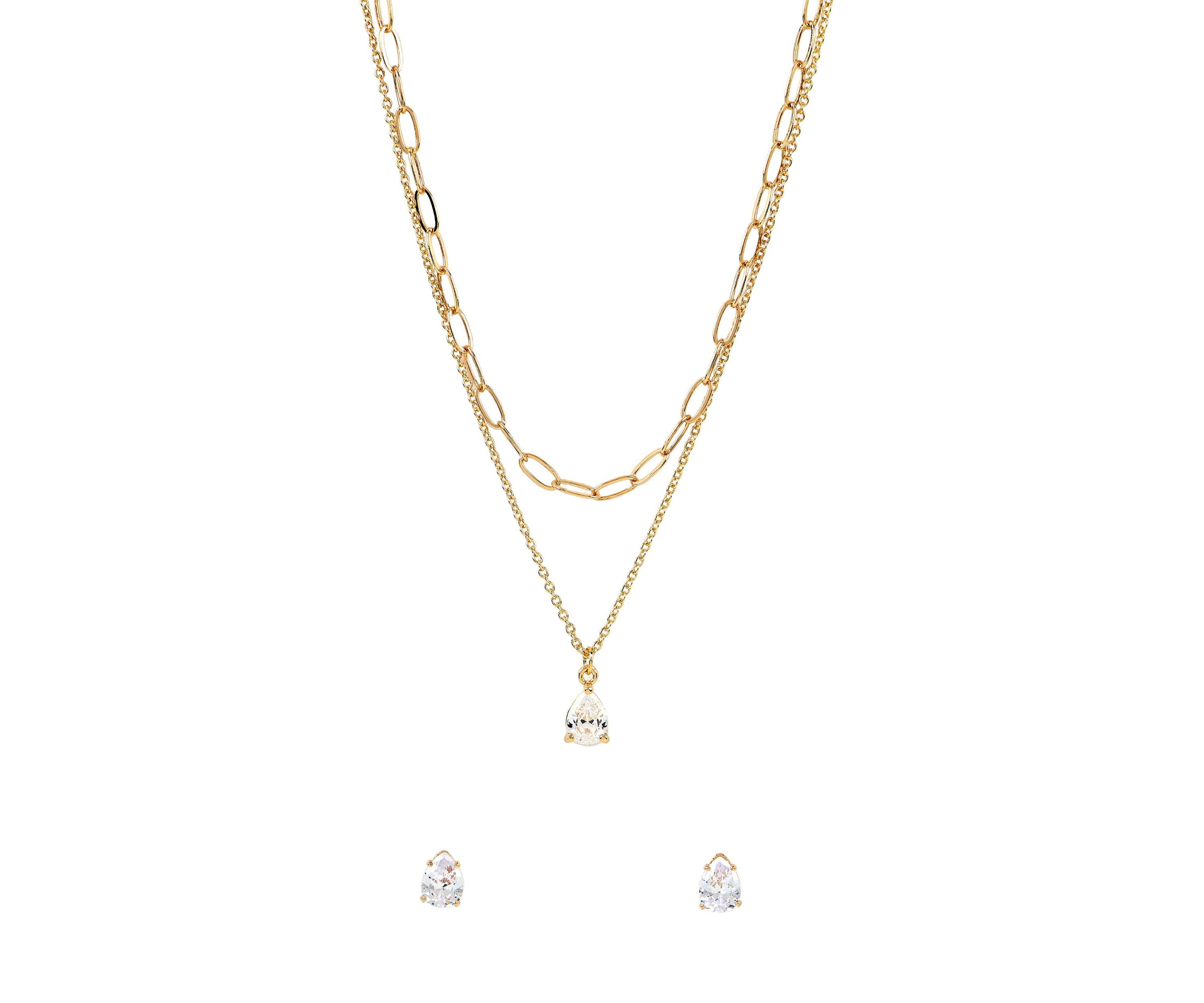 Lab Grown Double Row Gold Plated Necklace with Pear-Shape CZ Studs Set 