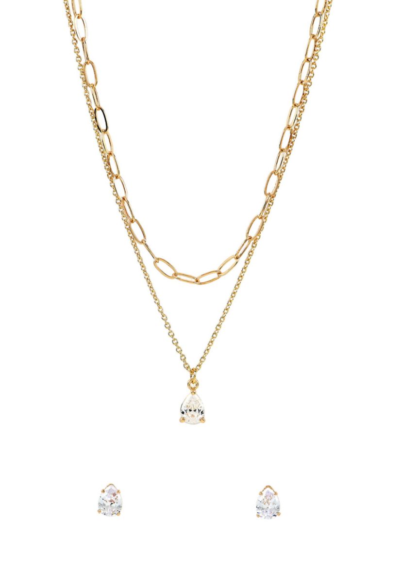 Lab Grown Double Row Gold Plated Necklace with Pear-Shape CZ Studs Set 