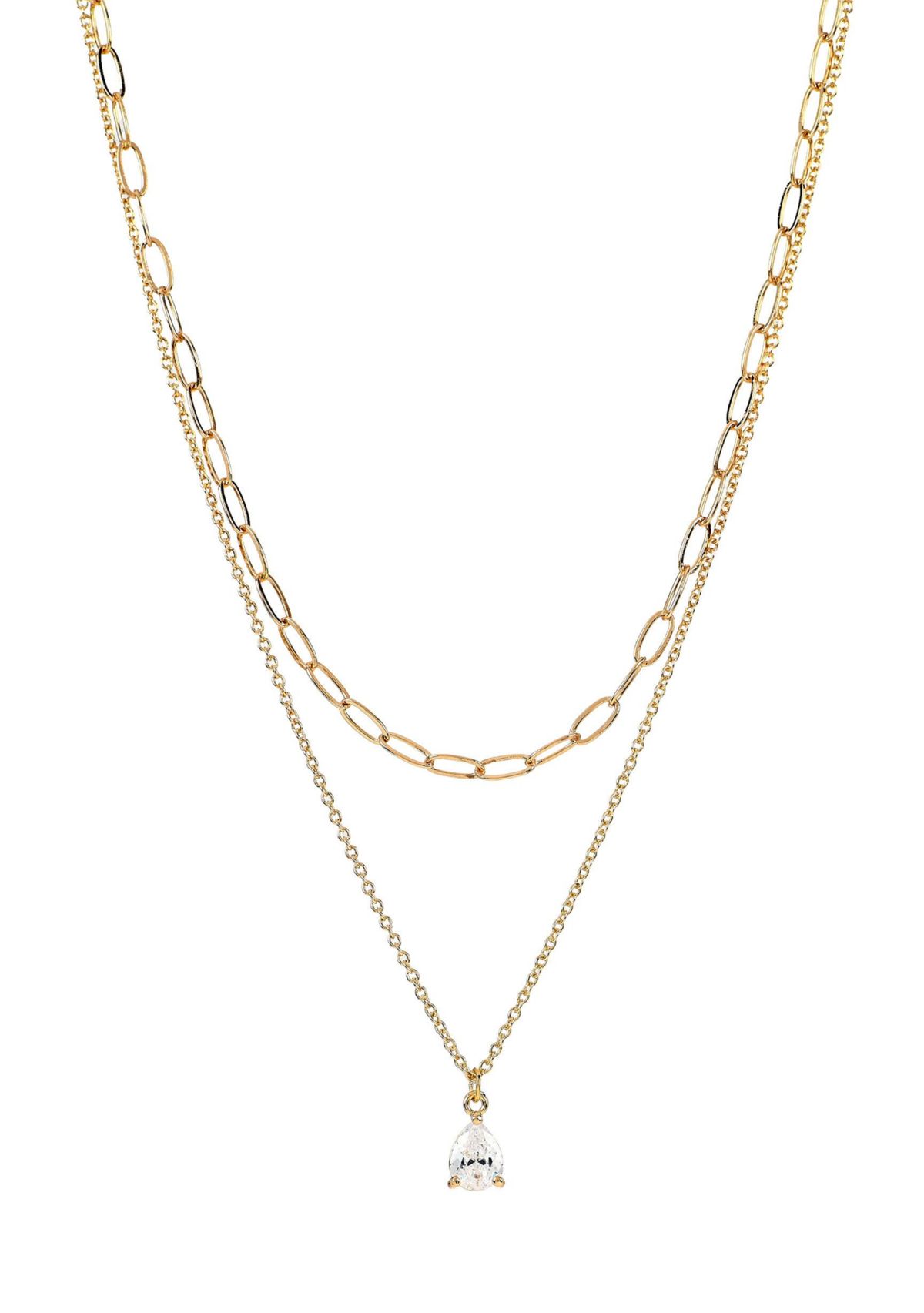 Lab Grown Double Row Gold Plated Necklace with Pear-Shape CZ Studs Set 