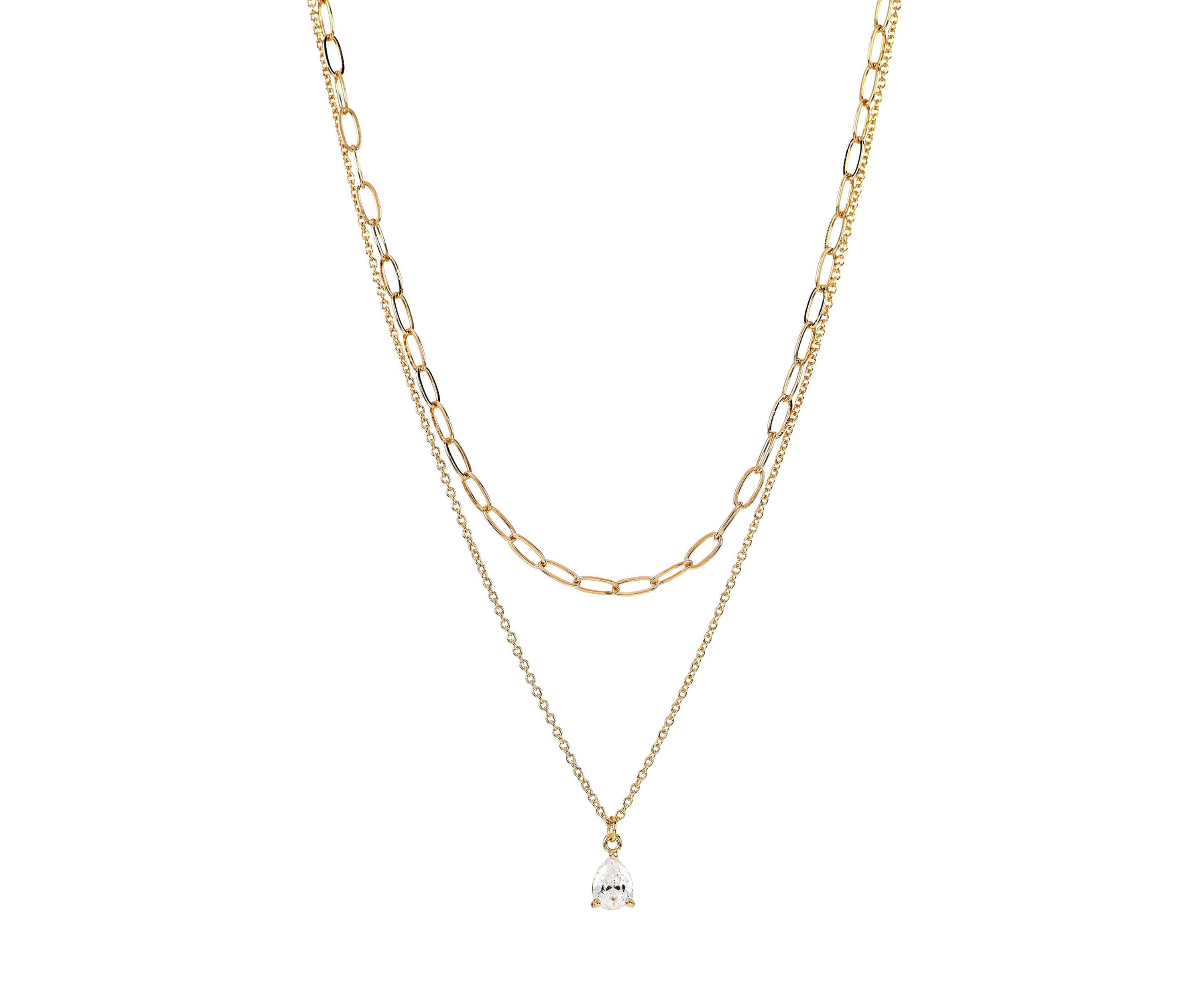 Lab Grown Double Row Gold Plated Necklace with Pear-Shape CZ Studs Set 