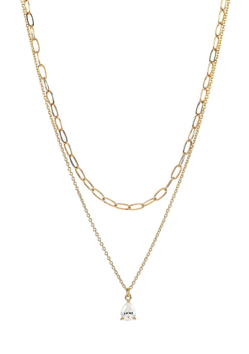 Lab Grown Double Row Gold Plated Necklace with Pear-Shape CZ Studs Set 
