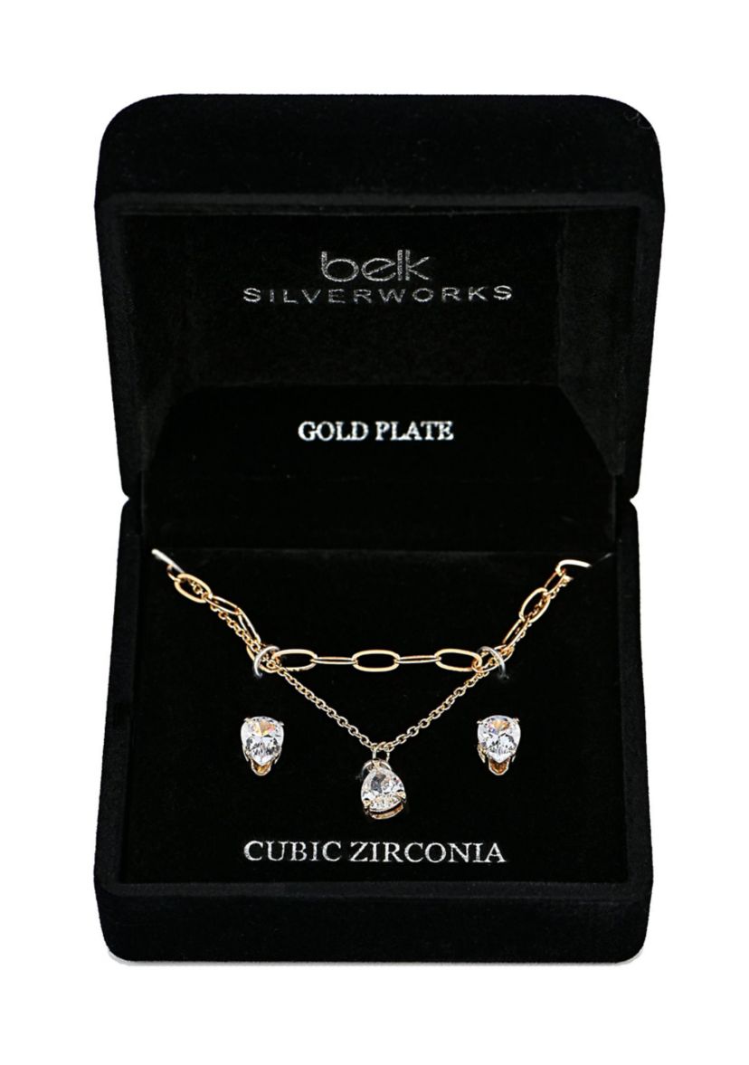 Lab Grown Double Row Gold Plated Necklace with Pear-Shape CZ Studs Set 