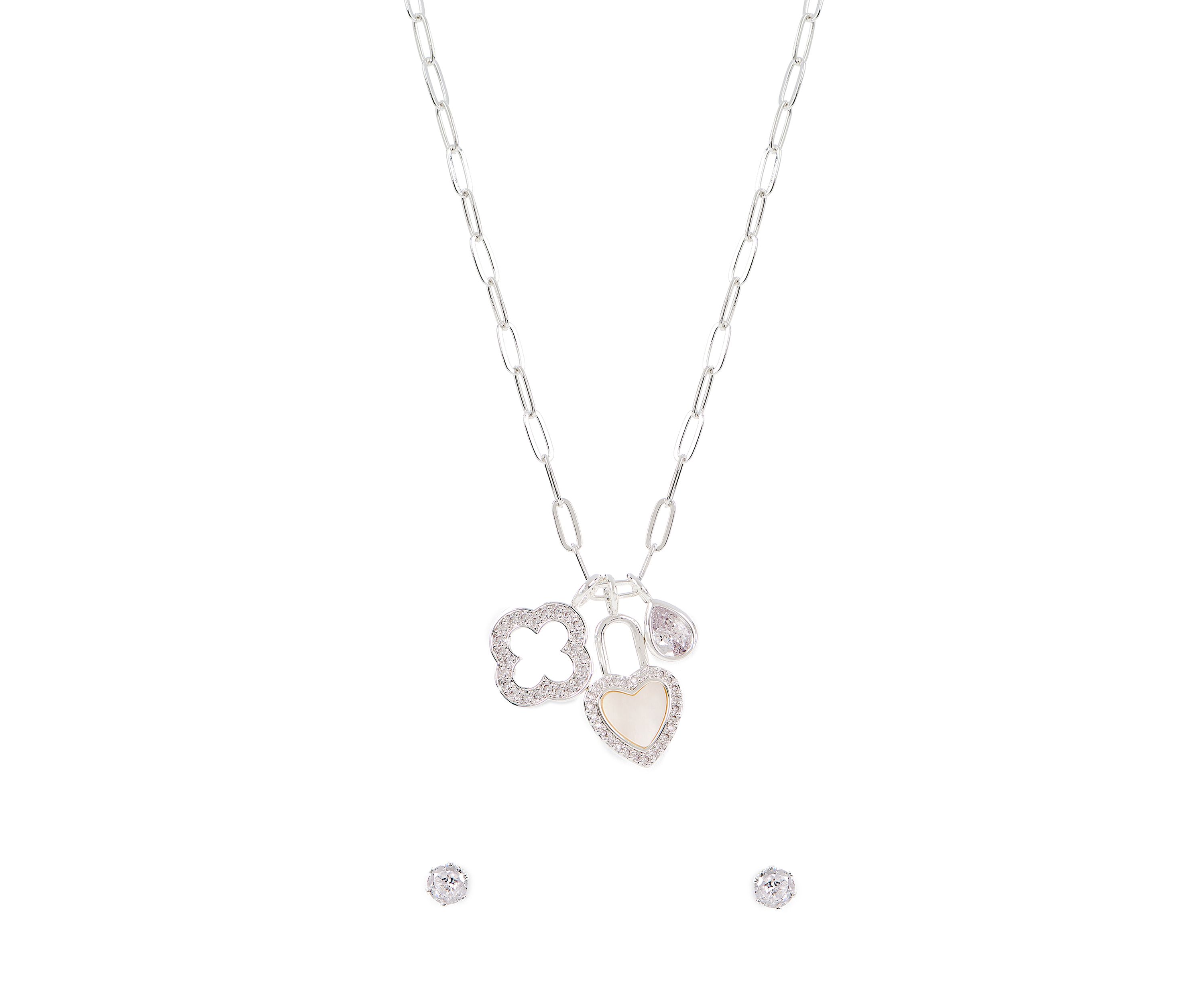 Lab Grown Silver Plated Charm Necklace and CZ Stud Earring Set 