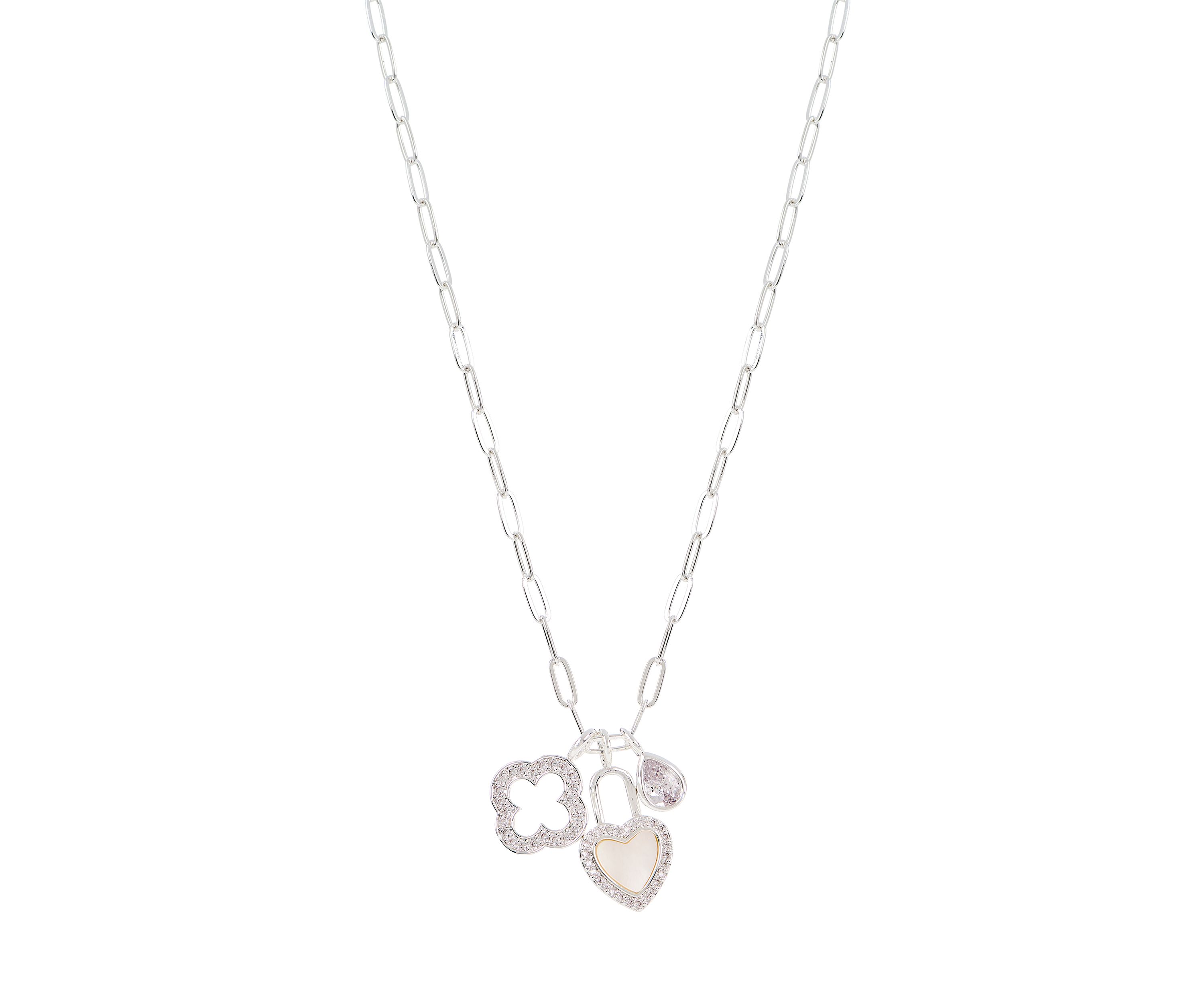 Lab Grown Silver Plated Charm Necklace and CZ Stud Earring Set 