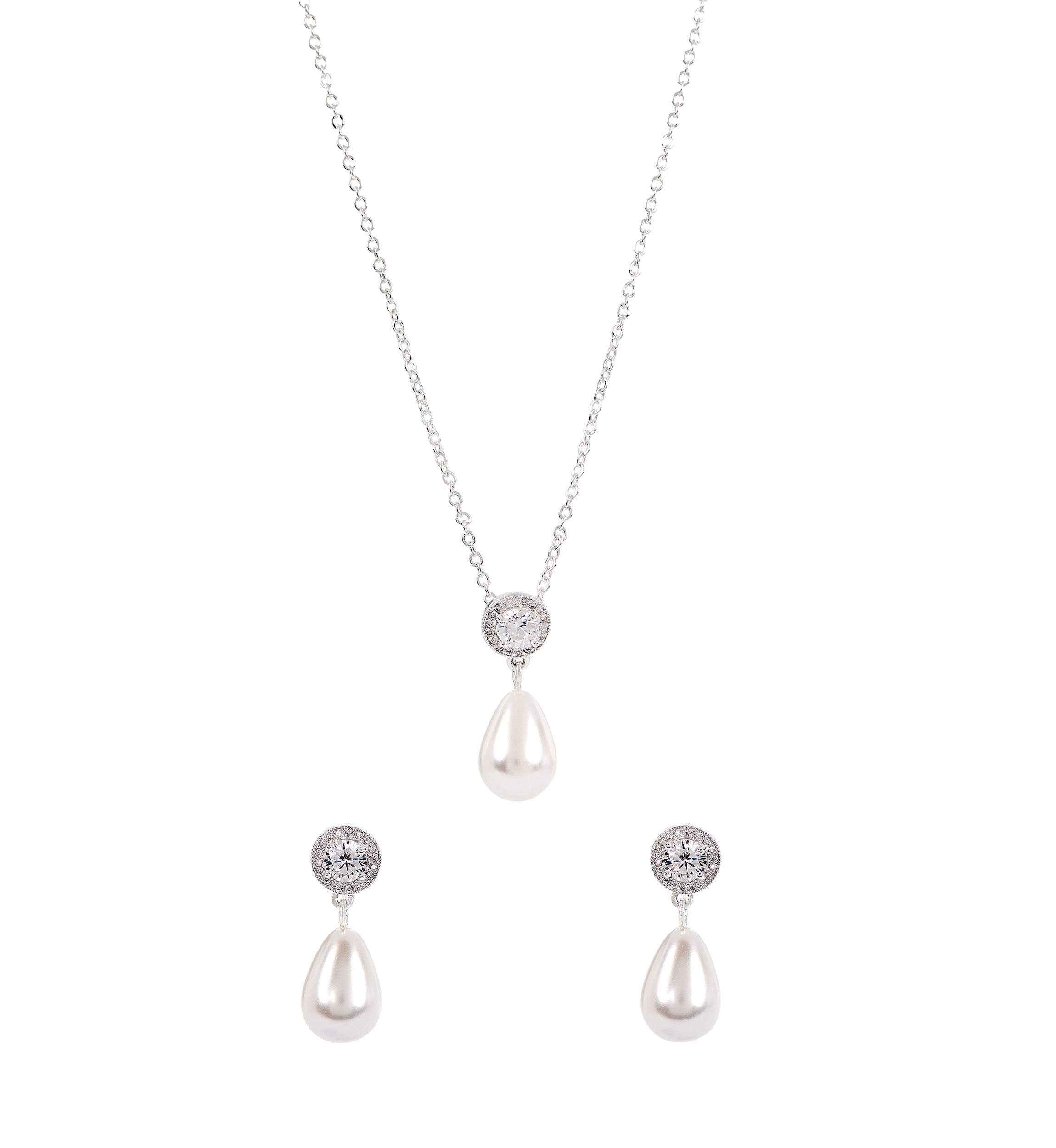 Lab Grown Silver Plated Round Cubic Zirconia and Drop Pearl Earring and Pendant Necklace Set 