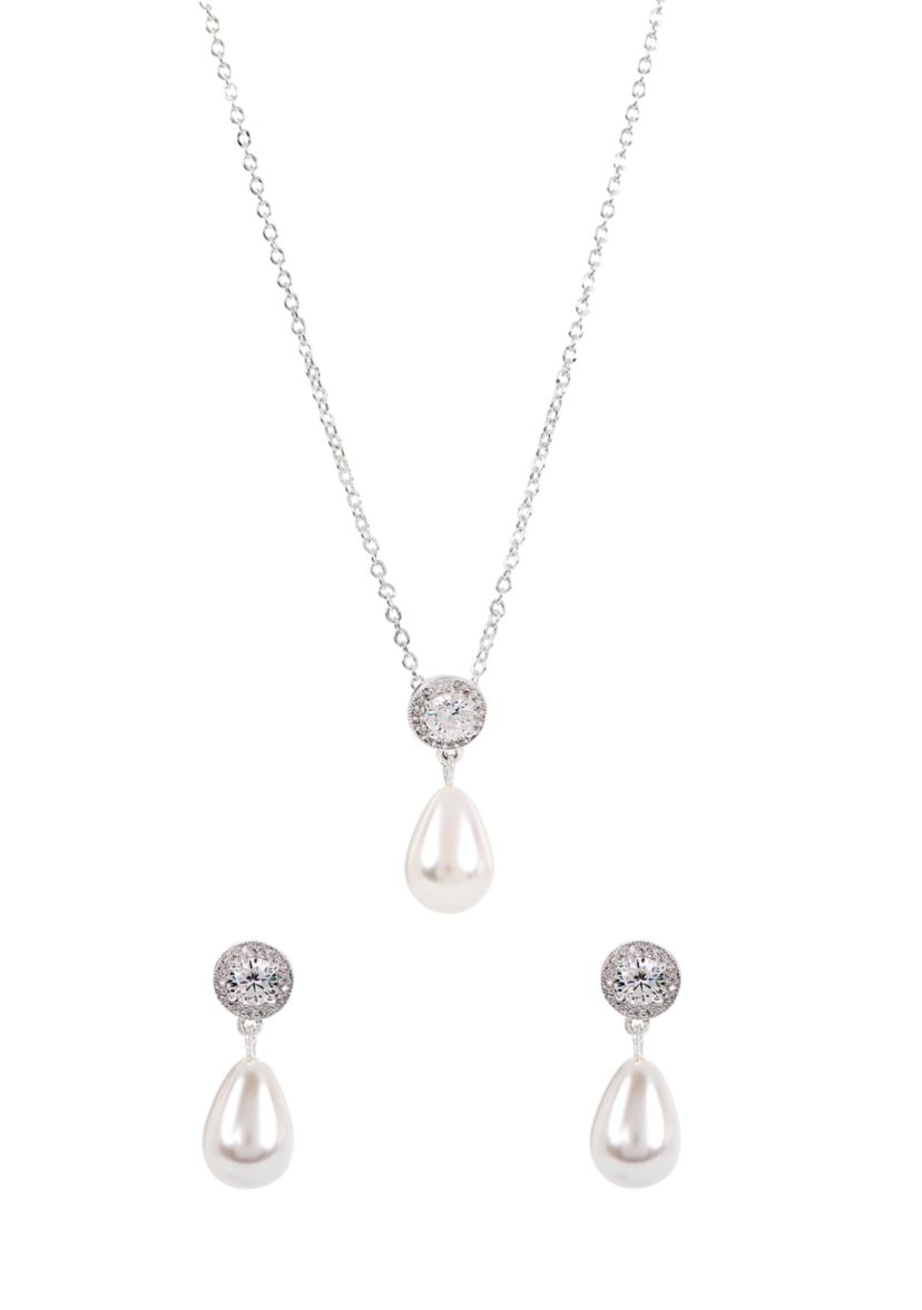 Lab Grown Silver Plated Round Cubic Zirconia and Drop Pearl Earring and Pendant Necklace Set 