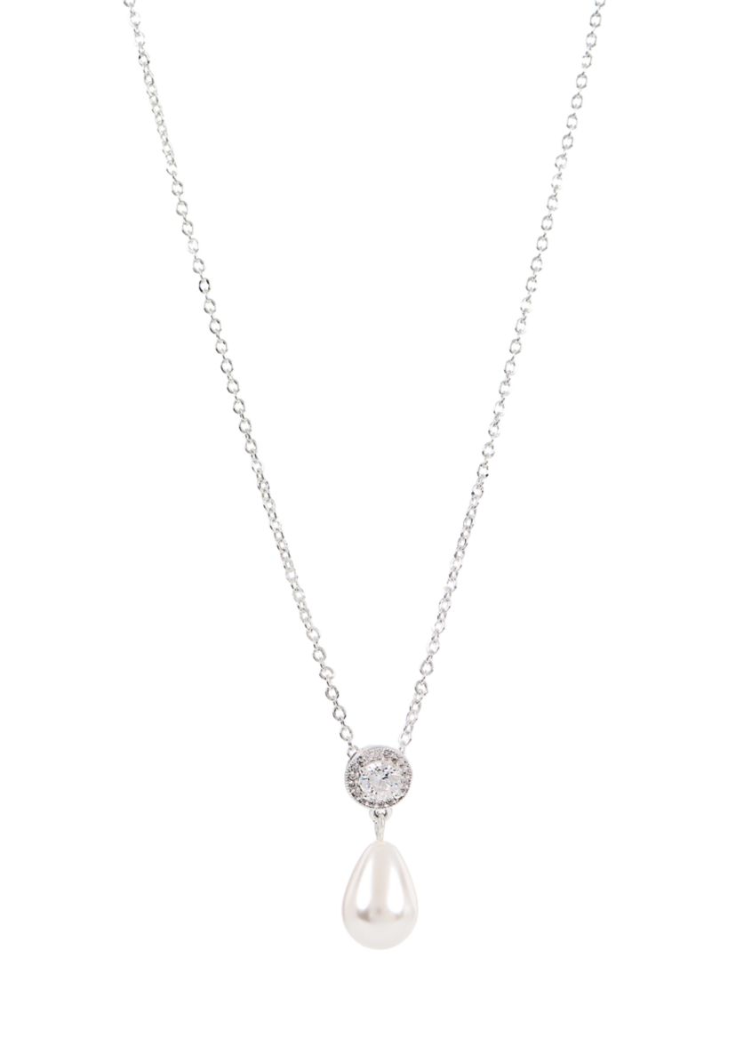 Lab Grown Silver Plated Round Cubic Zirconia and Drop Pearl Earring and Pendant Necklace Set 