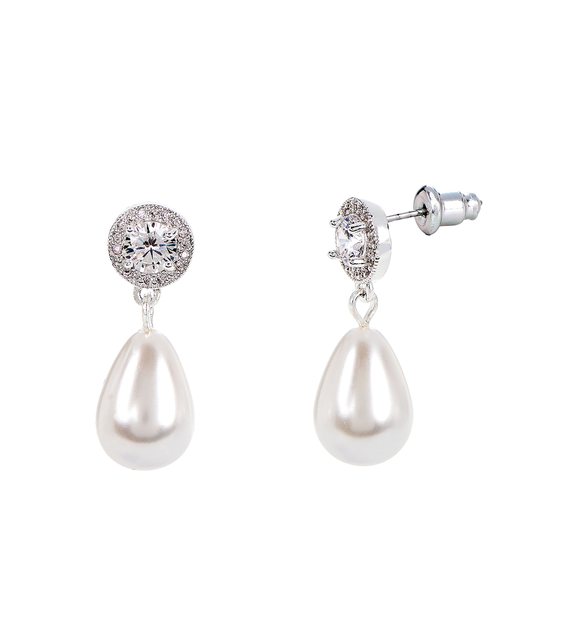 Lab Grown Silver Plated Round Cubic Zirconia and Drop Pearl Earring and Pendant Necklace Set 
