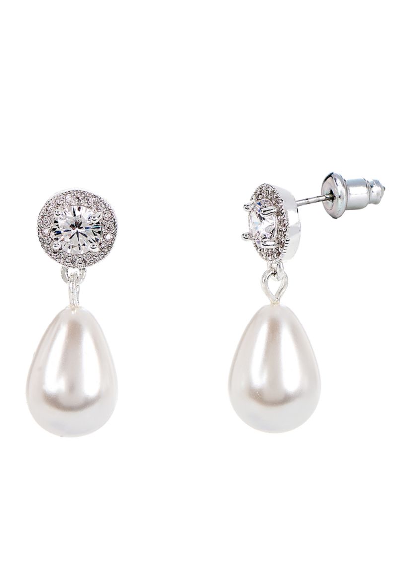 Lab Grown Silver Plated Round Cubic Zirconia and Drop Pearl Earring and Pendant Necklace Set 