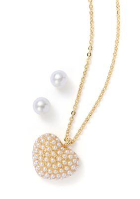 Belk Silverworks Lab Grown Pearl Heart Pendant with Pearl Stud Earrings Set