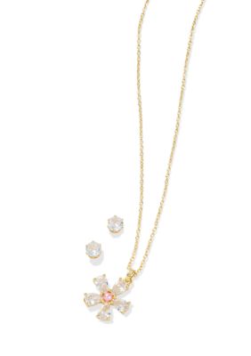 Belk Silverworks Lab Grown Fine Gold Plated Cubic Zirconia Flower Pendant Necklace Stud Earring Set