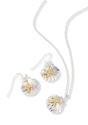 Belk Silverworks Lab Grown Two Tone Fine Plated Seashell Necklace and Earrings Set