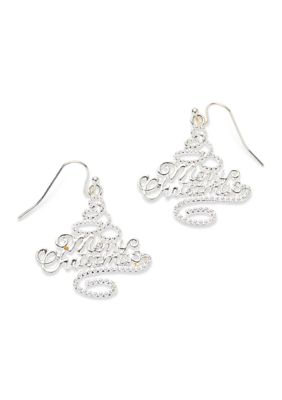 Belk Merry Christmas Plaque Tree Earrings, Silver