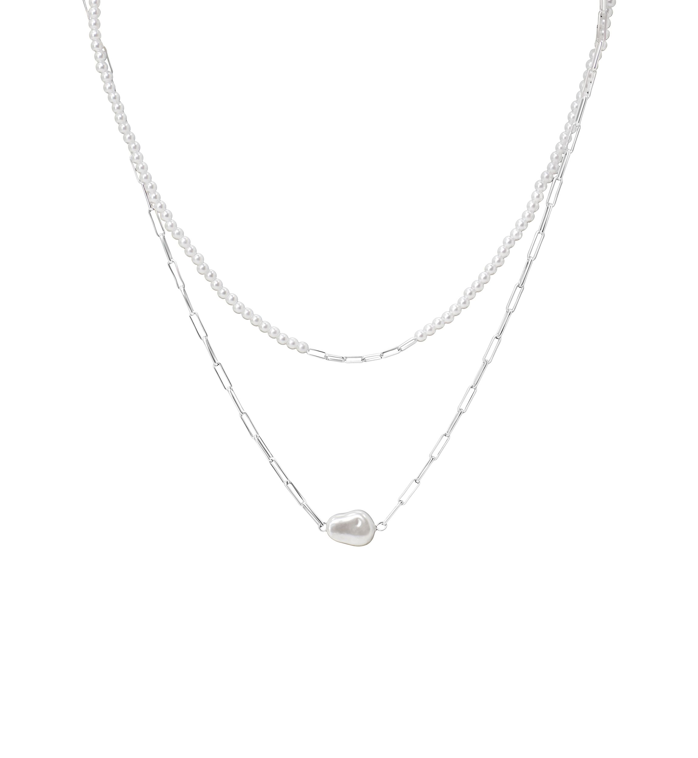 Silver Tone White Glass Pearl Sculpted Heart Necklace