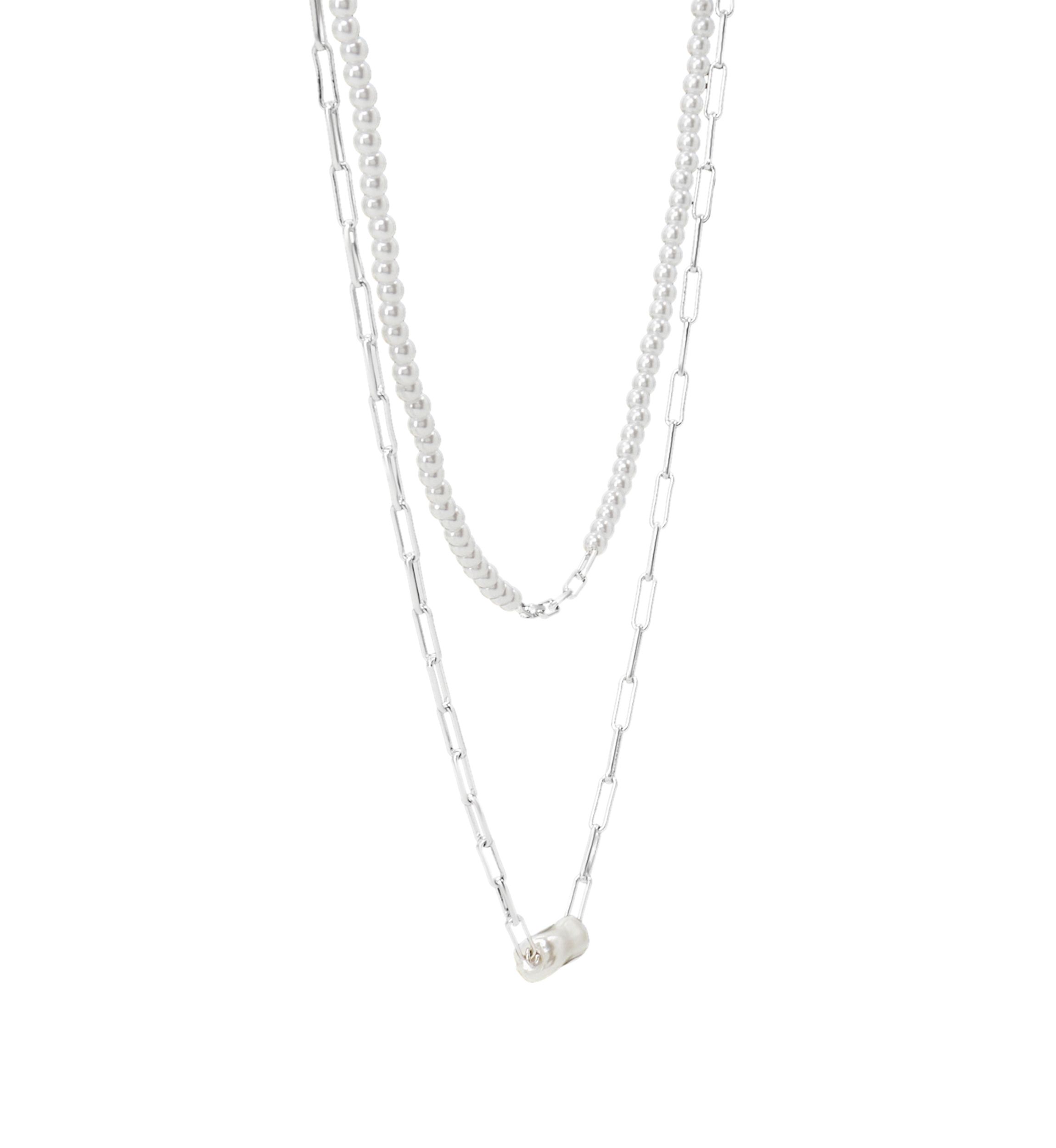 Silver Tone White Glass Pearl Sculpted Heart Necklace