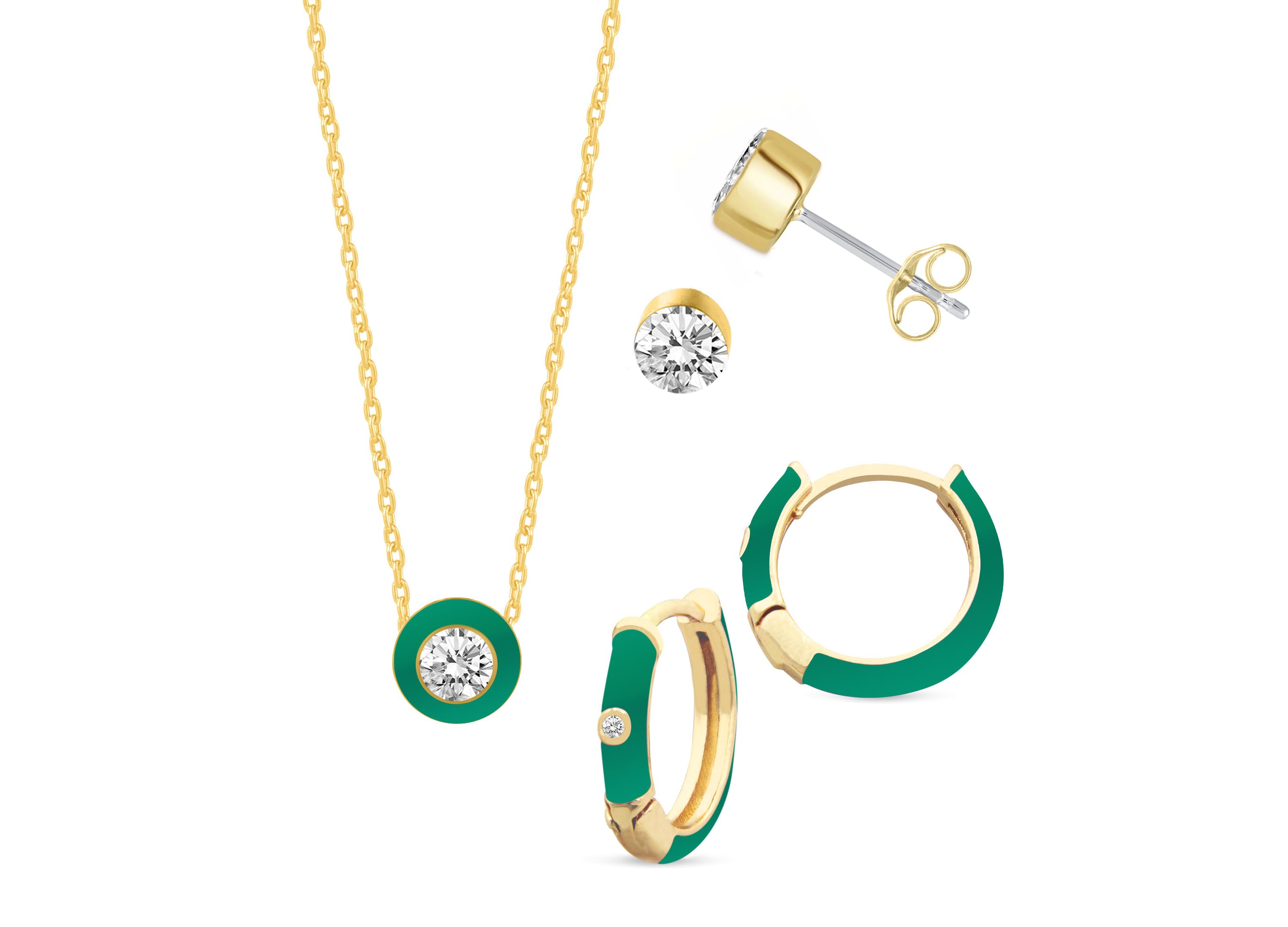 EMERALD Enamel Huggies Stud Earrings Pendant Box Set in 17 Inch Chain + 2in Extender