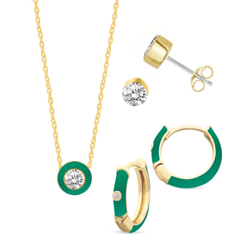 EMERALD Enamel Huggies Stud Earrings Pendant Box Set in 17 Inch Chain + 2in Extender
