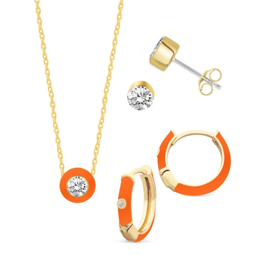 ORANGE Enamel Huggies Stud Earrings Pendant Box Set in 17 Inch Chain + 2in Extender