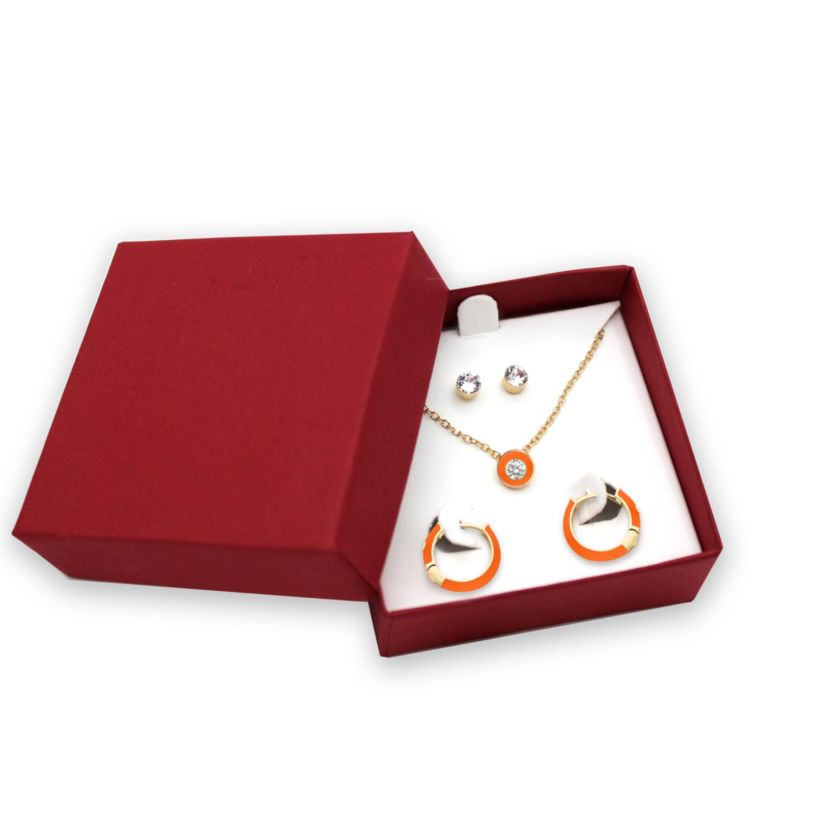ORANGE Enamel Huggies Stud Earrings Pendant Box Set in 17 Inch Chain + 2in Extender