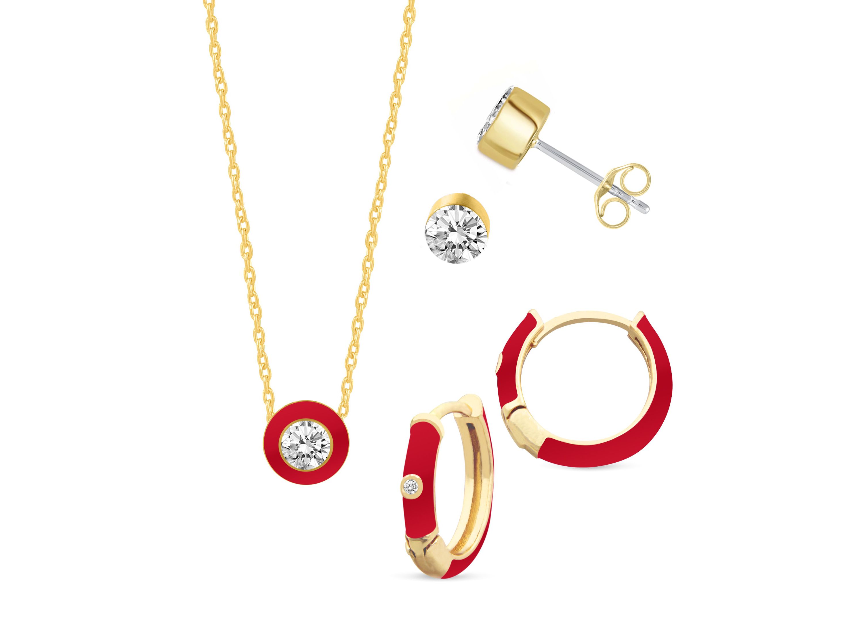 RED Enamel Huggies Stud Earrings Pendant Box Set in 17 Inch Chain + 2in Extender