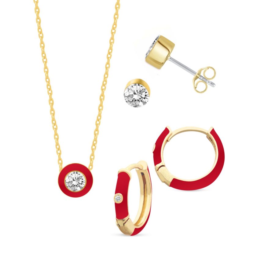 RED Enamel Huggies Stud Earrings Pendant Box Set in 17 Inch Chain + 2in Extender