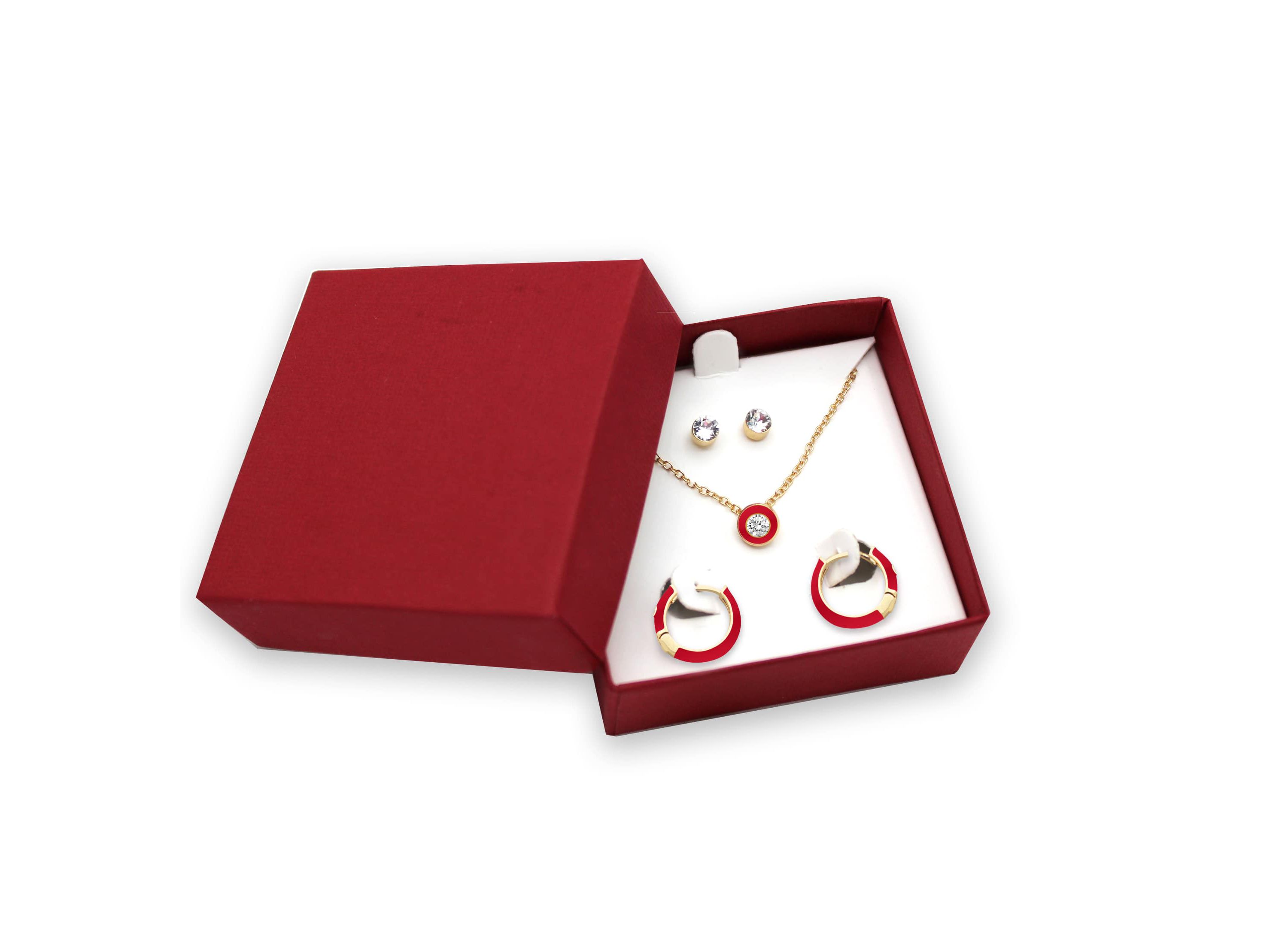 RED Enamel Huggies Stud Earrings Pendant Box Set in 17 Inch Chain + 2in Extender