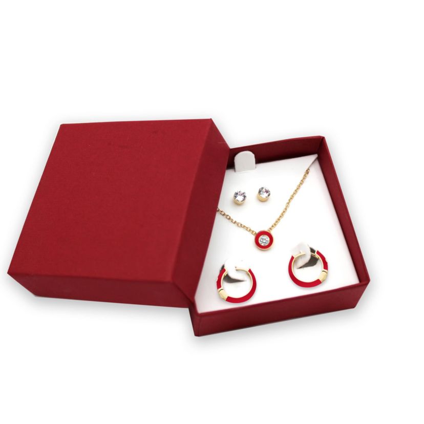 RED Enamel Huggies Stud Earrings Pendant Box Set in 17 Inch Chain + 2in Extender